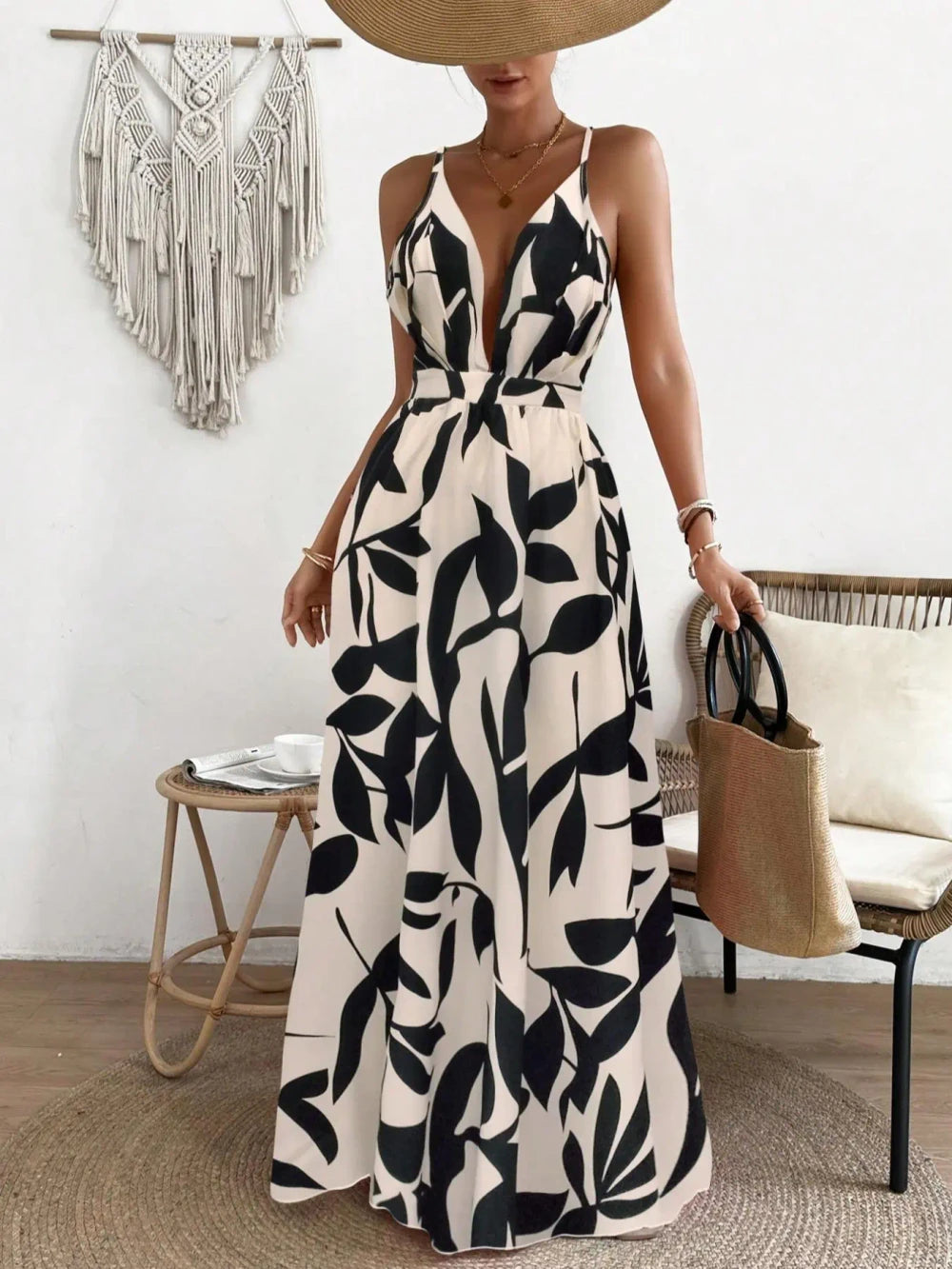 Boho Leaf Print Maxi Dress