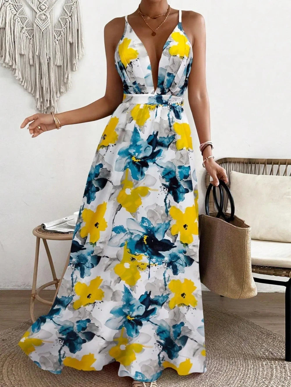 Boho Leaf Print Maxi Dress