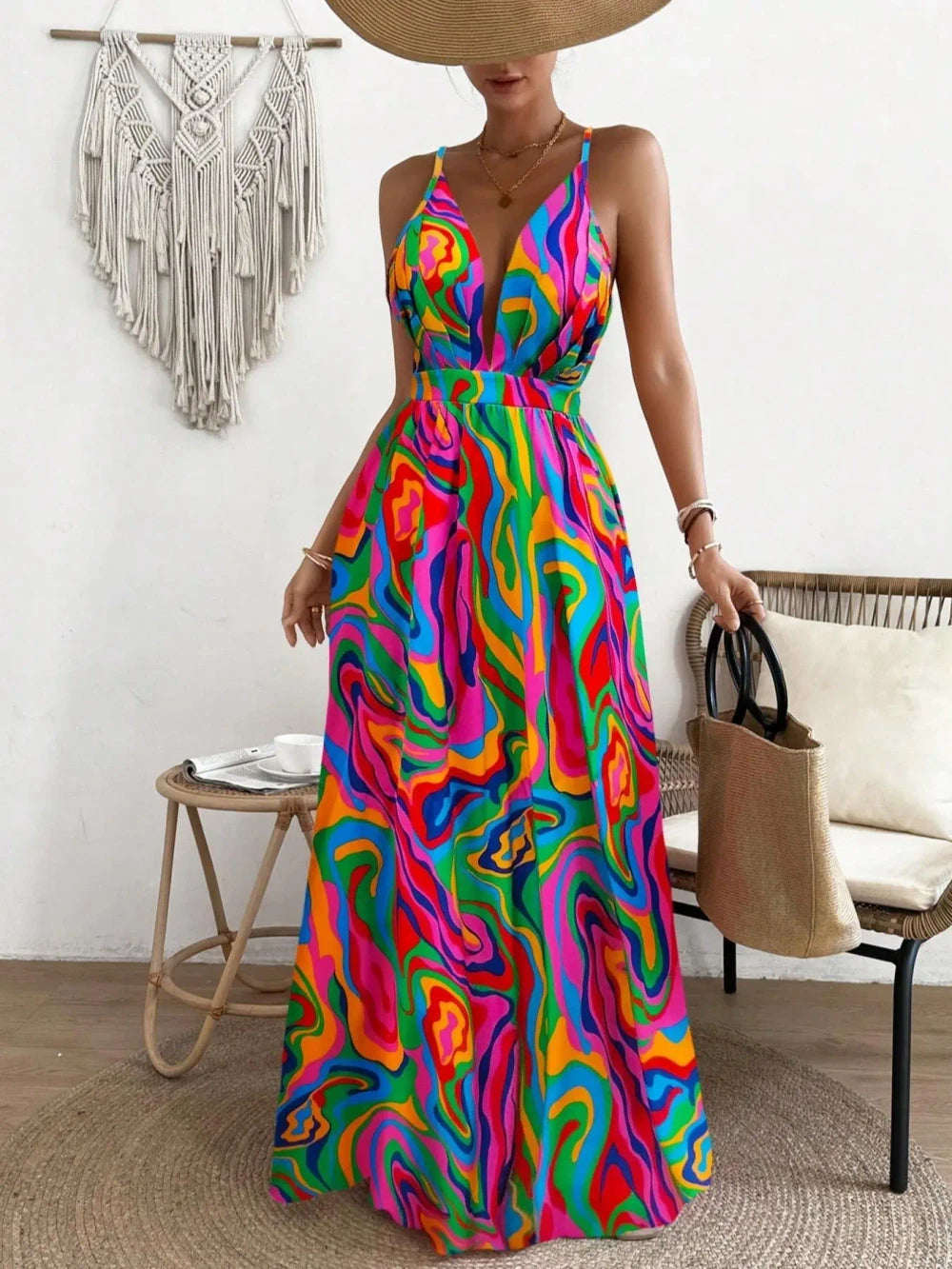 Boho Leaf Print Maxi Dress