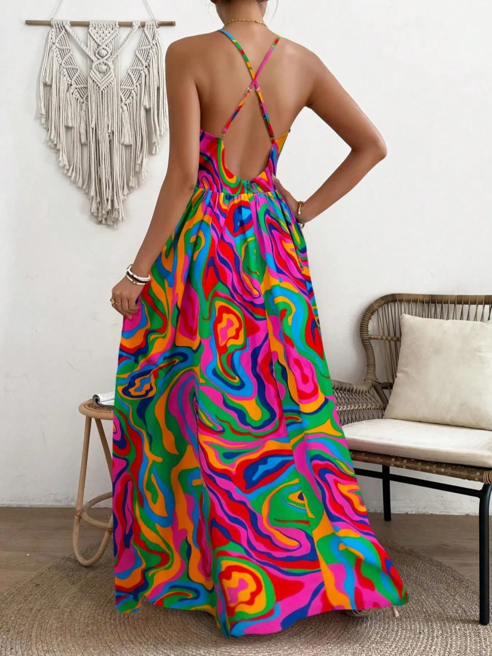 Boho Leaf Print Maxi Dress