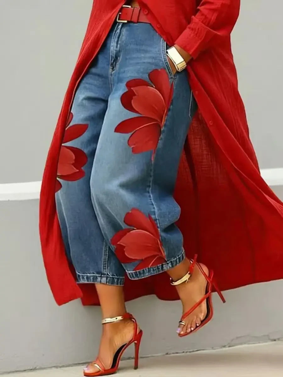 Floral Print Wide Leg Jeans