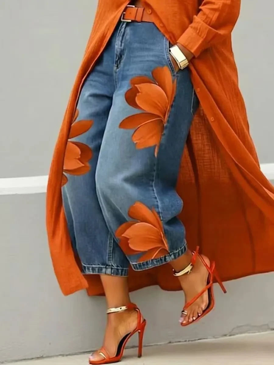 Floral Print Wide Leg Jeans